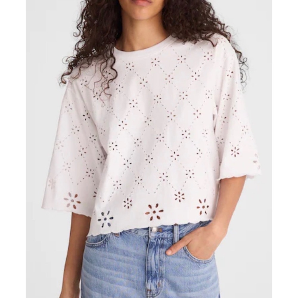 NWT Madewell Size XXS Embroidered Boxy Crop Tee Allday Jersey White 100% Cotton